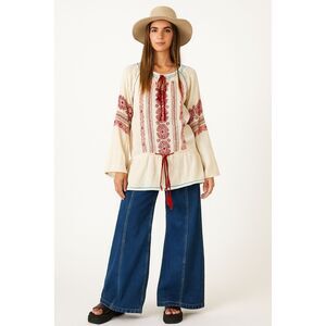 Free People White Red Embroidered long Sleeve Boho Top Shirt  Women's Sz Medium